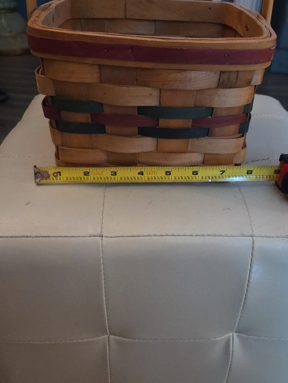 Handwoven Decorative Basket with Handle - Natural, Red, Green Accents